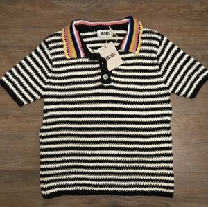 GiGi New York Black and Cream Striped Polo Sweater with Colorful And Gold Collar
